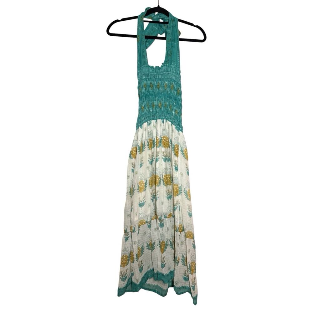 Lolita Jaca St Barth Turquoise White Gold Resort Boho Smocked Halter Dress Small